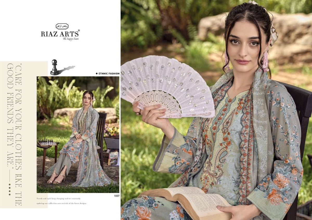 Riaz Arts Rehmat Lawn Cotton Embroidered Dress Material - Amrah Wholesale