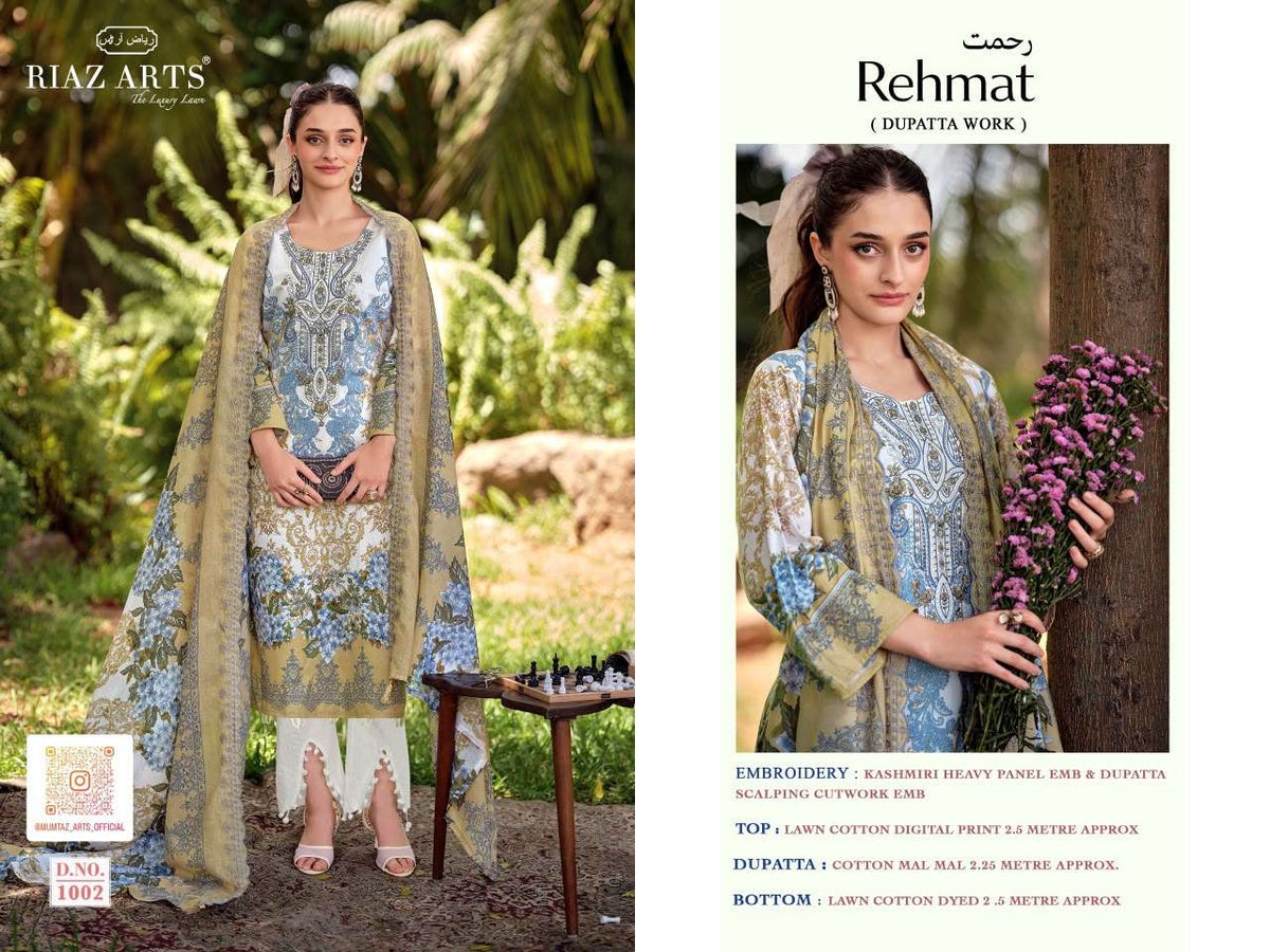 Riaz Arts Rehmat Lawn Cotton Embroidered Dress Material - Amrah Wholesale