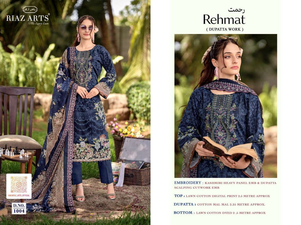 Riaz Arts Rehmat Lawn Cotton Embroidered Dress Material - Amrah Wholesale