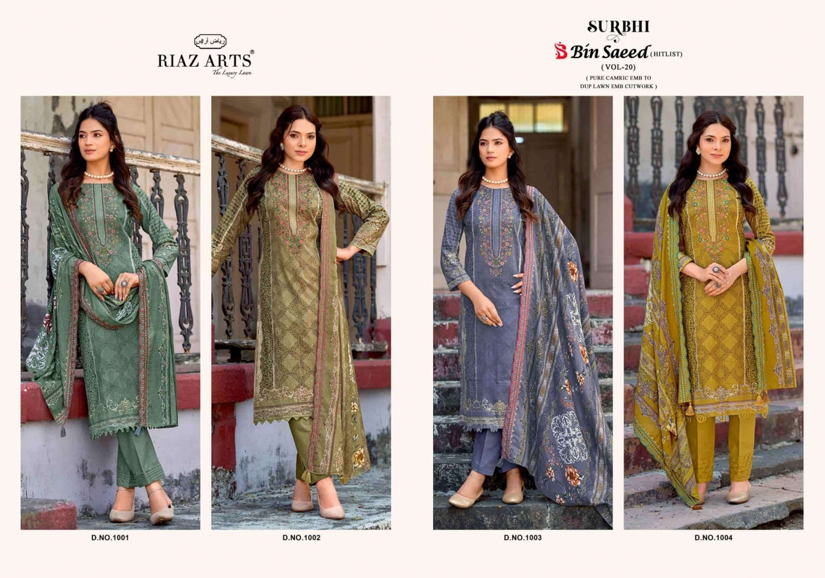 Riaz Arts Surbhi Bin Saeed Hit List Vol 20 Lawn Cotton Pakistani Suit - Amrah Wholesale