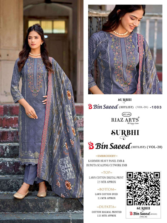 Riaz Arts Surbhi Bin Saeed Hit List Vol 20 Lawn Cotton Pakistani Suit - Amrah Wholesale