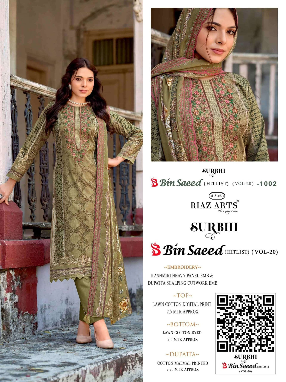 Riaz Arts Surbhi Bin Saeed Hit List Vol 20 Lawn Cotton Pakistani Suit - Amrah Wholesale