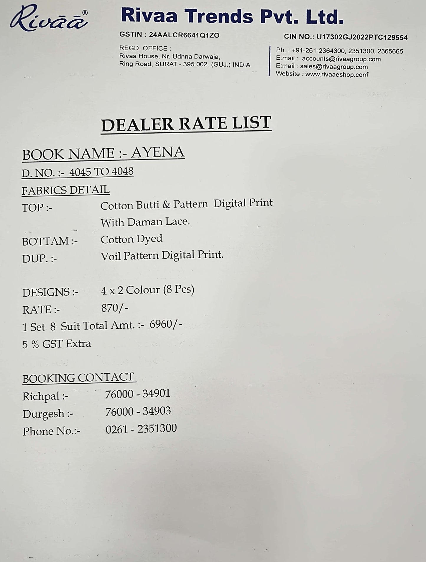 Rivaa Ayena Cotton Digital Printed Dress Material - Amrah Wholesale