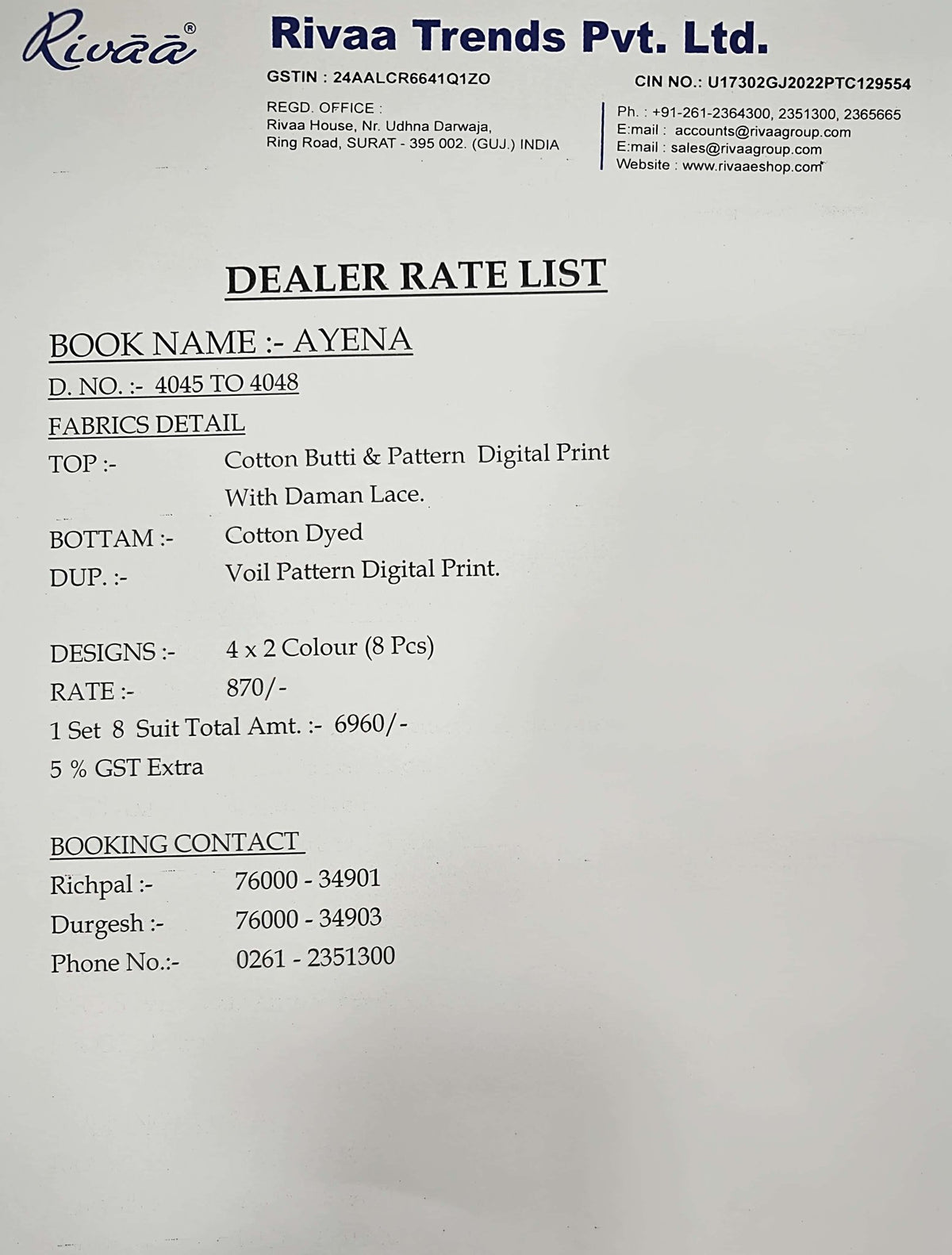 Rivaa Ayena Cotton Digital Printed Dress Material - Amrah Wholesale