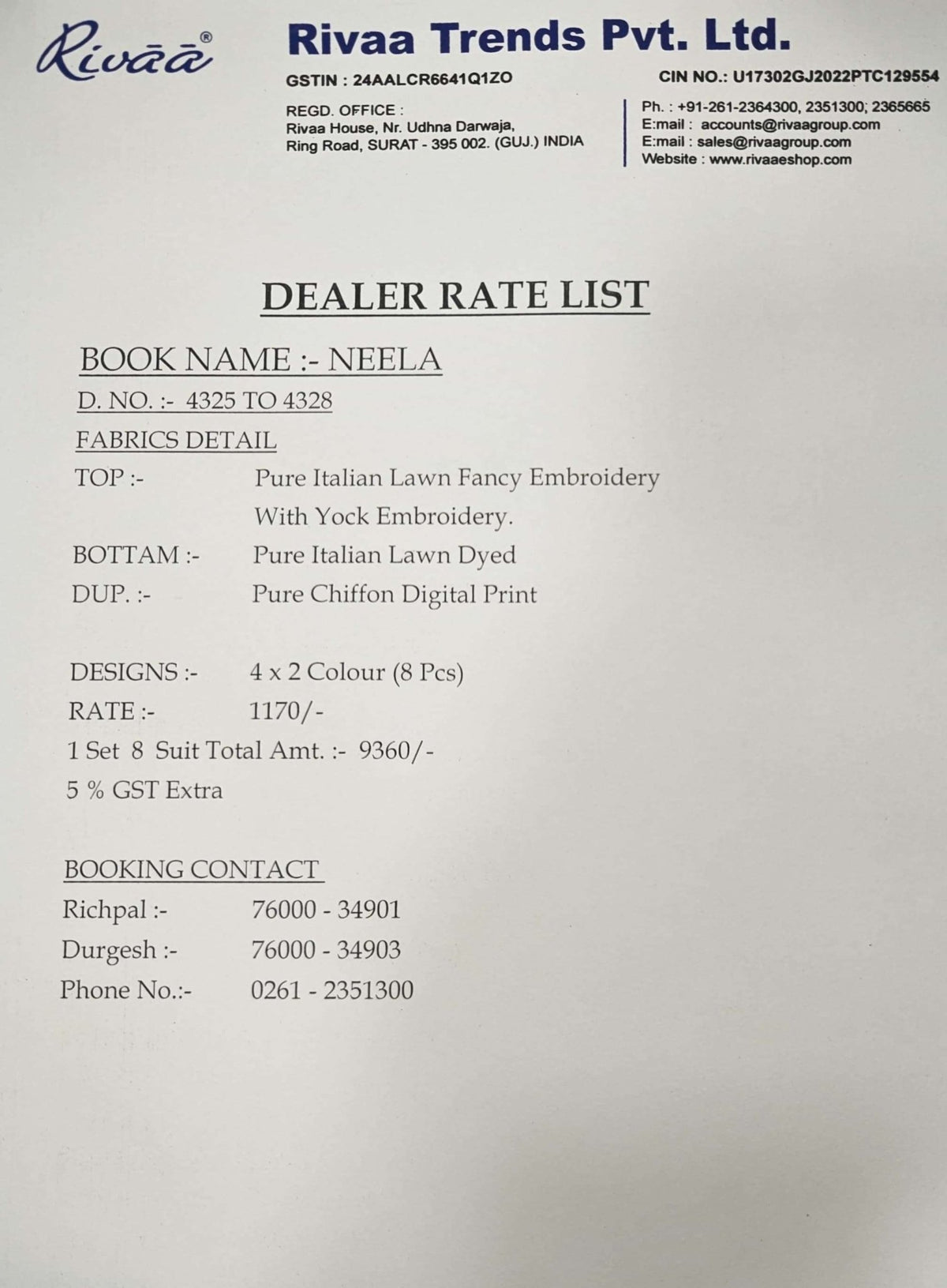 Rivaa Neela Italian Lawn Dress Material - Amrah Wholesale