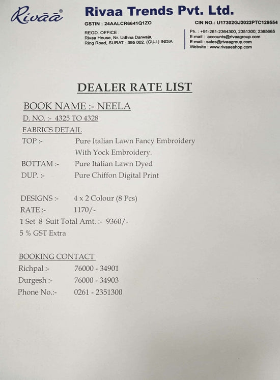 Rivaa Neela Italian Lawn Dress Material - Amrah Wholesale