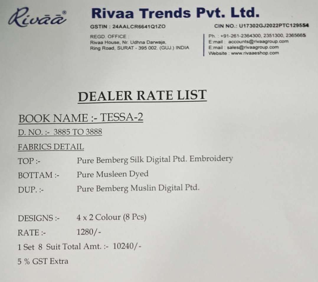 Rivaa Tessa Vol 2 Pure Bemberg Silk Dress Material - Amrah Wholesale
