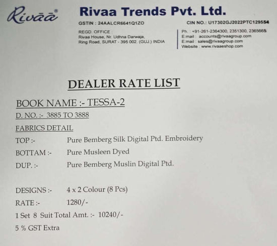 Rivaa Tessa Vol 2 Pure Bemberg Silk Dress Material - Amrah Wholesale
