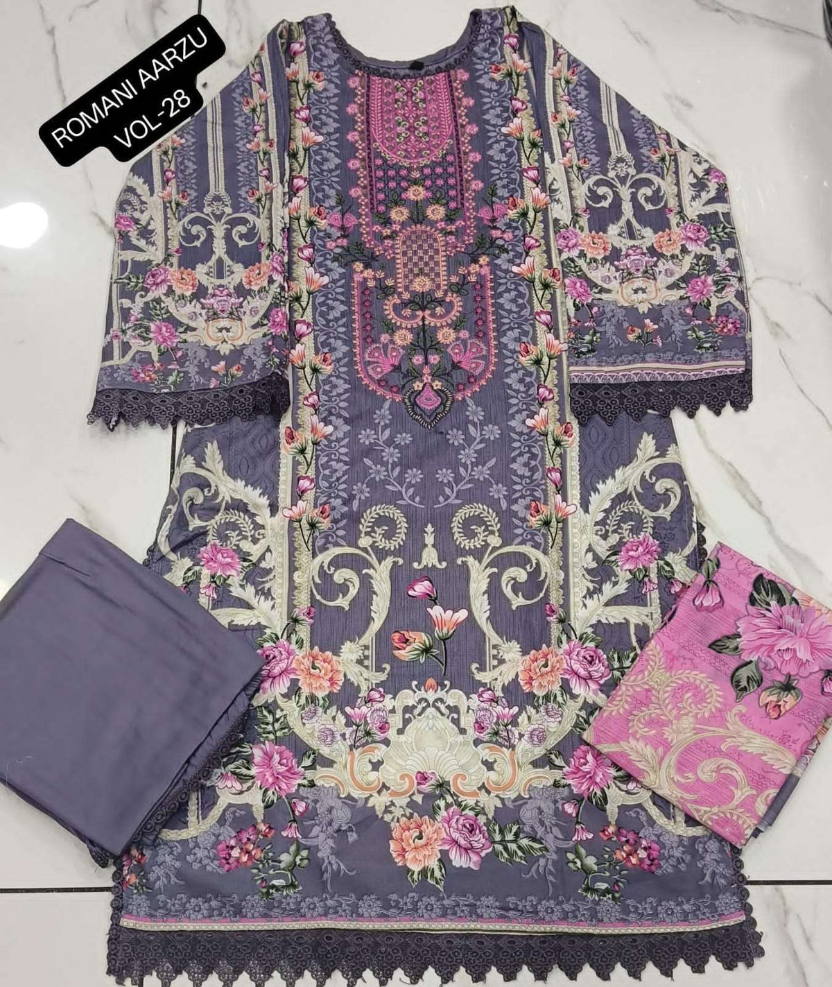 Romani Aarzu Vol 28 Cotton Embroidered Readymade Pakistani Suit Set - Amrah Wholesale