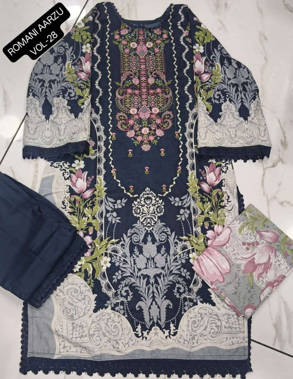 Romani Aarzu Vol 28 Cotton Embroidered Readymade Pakistani Suit Set - Amrah Wholesale
