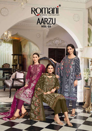 Romani Aarzu Vol 35 Soft Cotton Digital Printed Embroidered Dress Material - Amrah Wholesale