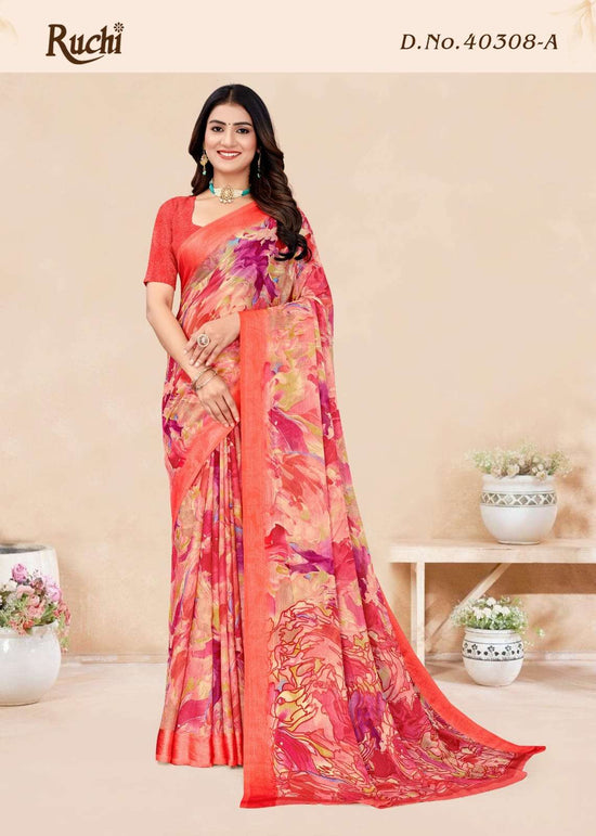 Ruchi Saree Red Velvet Chiffon Printed Saree