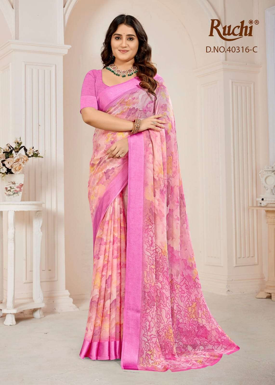Ruchi Saree Red Velvet Chiffon Printed Saree