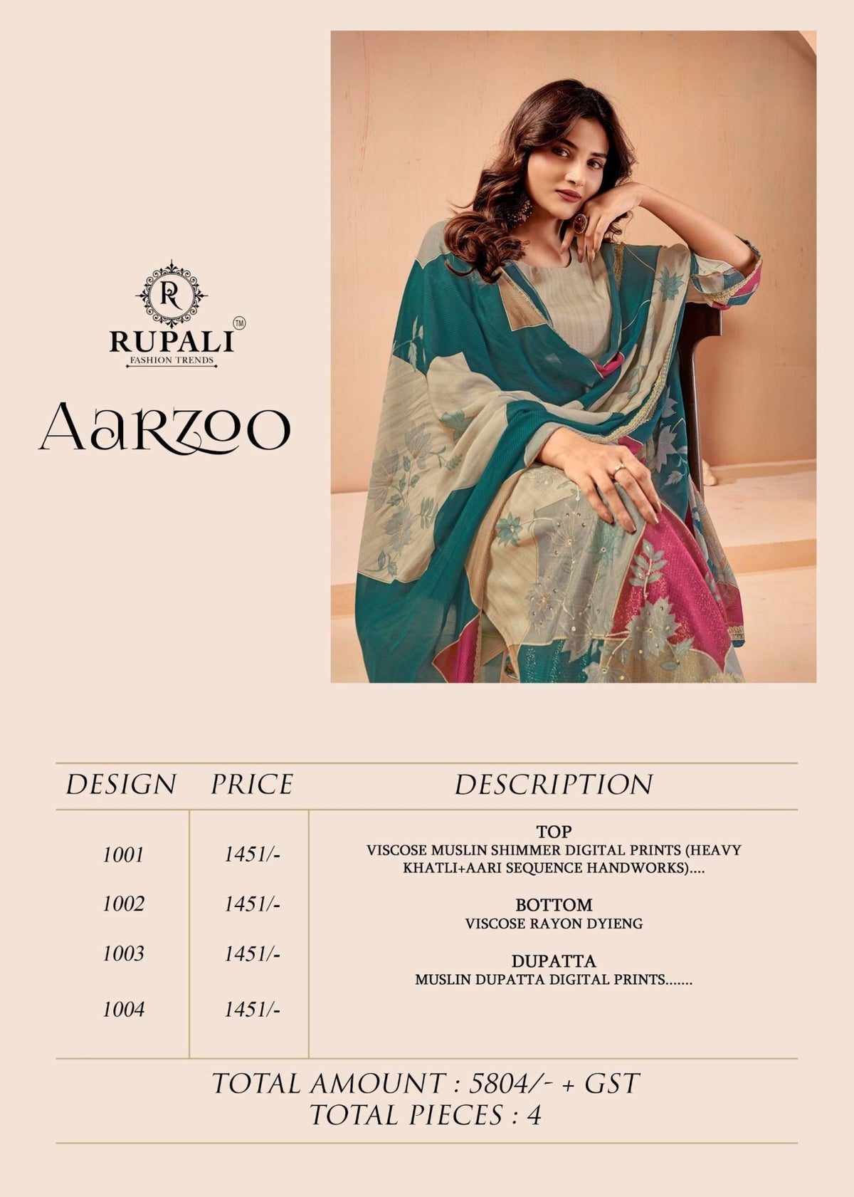 Rupali Fashion Aarzoo Viscose Muslin Dress Material - Amrah Wholesale