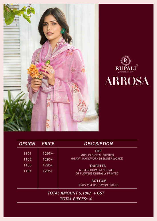 Rupali Fashion Arrosa Designer Muslin Dress Material Wholesale Price Surat - Amrah Wholesale