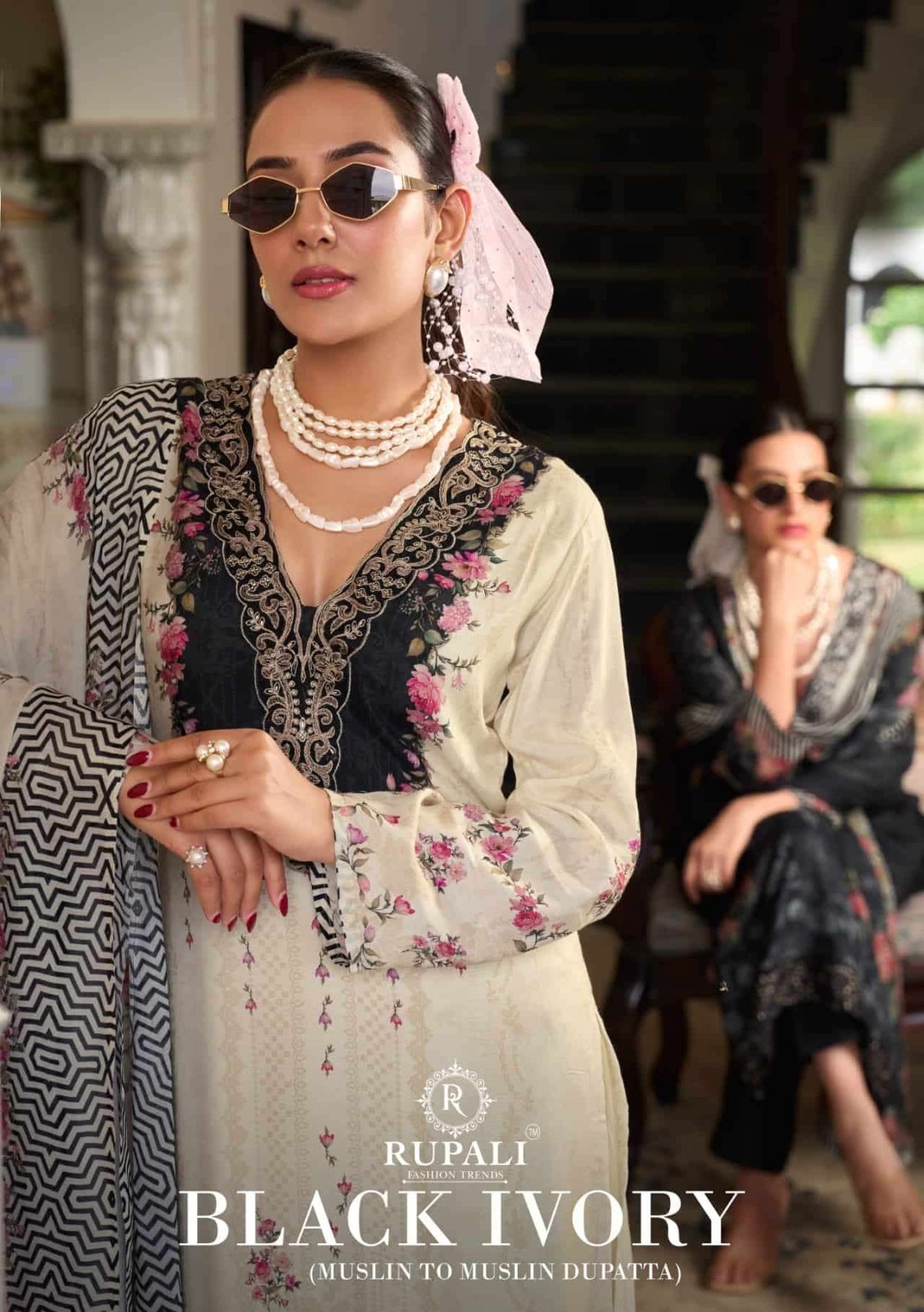 Rupali Fashion Black Ivory Muslin Embroidered Dress Material Collection