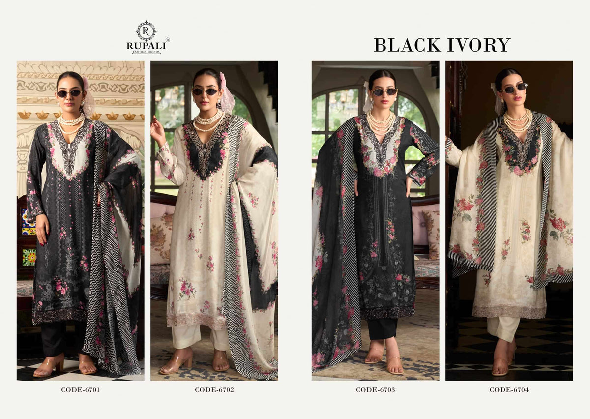 Rupali Fashion Black Ivory Muslin Embroidered Dress Material Collection