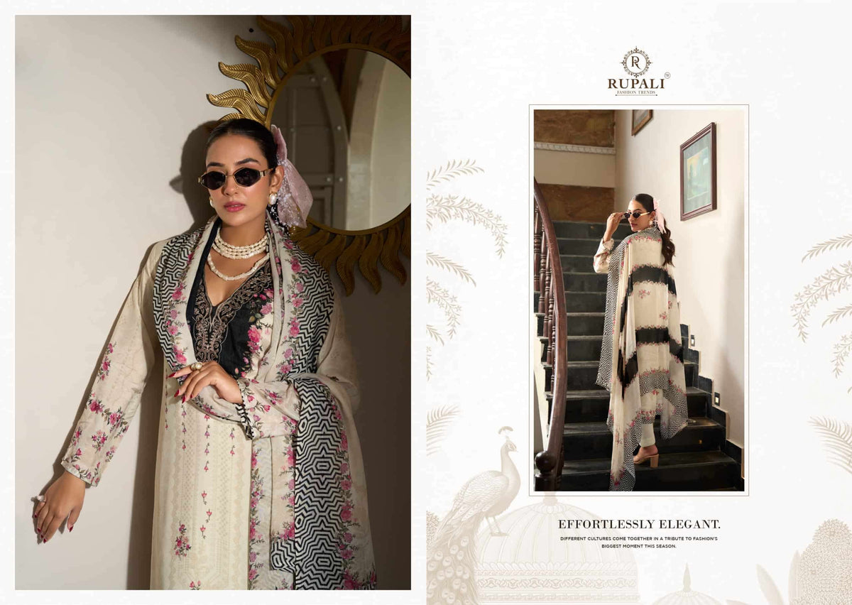 Rupali Fashion Black Ivory Muslin Embroidered Dress Material Collection