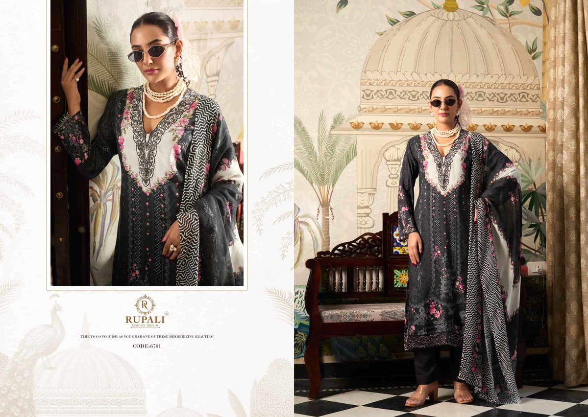 Rupali Fashion Black Ivory Muslin Embroidered Dress Material Collection