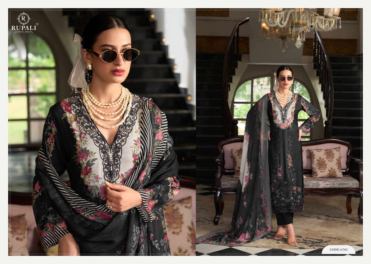 Rupali Fashion Black Ivory Muslin Embroidered Dress Material Collection