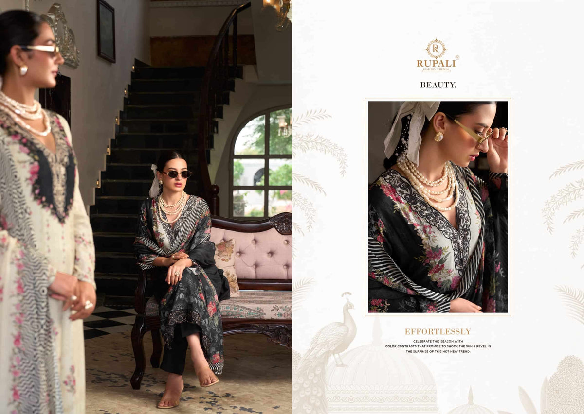 Rupali Fashion Black Ivory Muslin Embroidered Dress Material Collection
