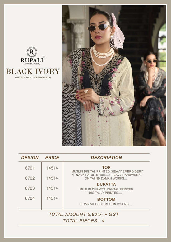 Rupali Fashion Black Ivory Muslin Embroidered Dress Material Collection