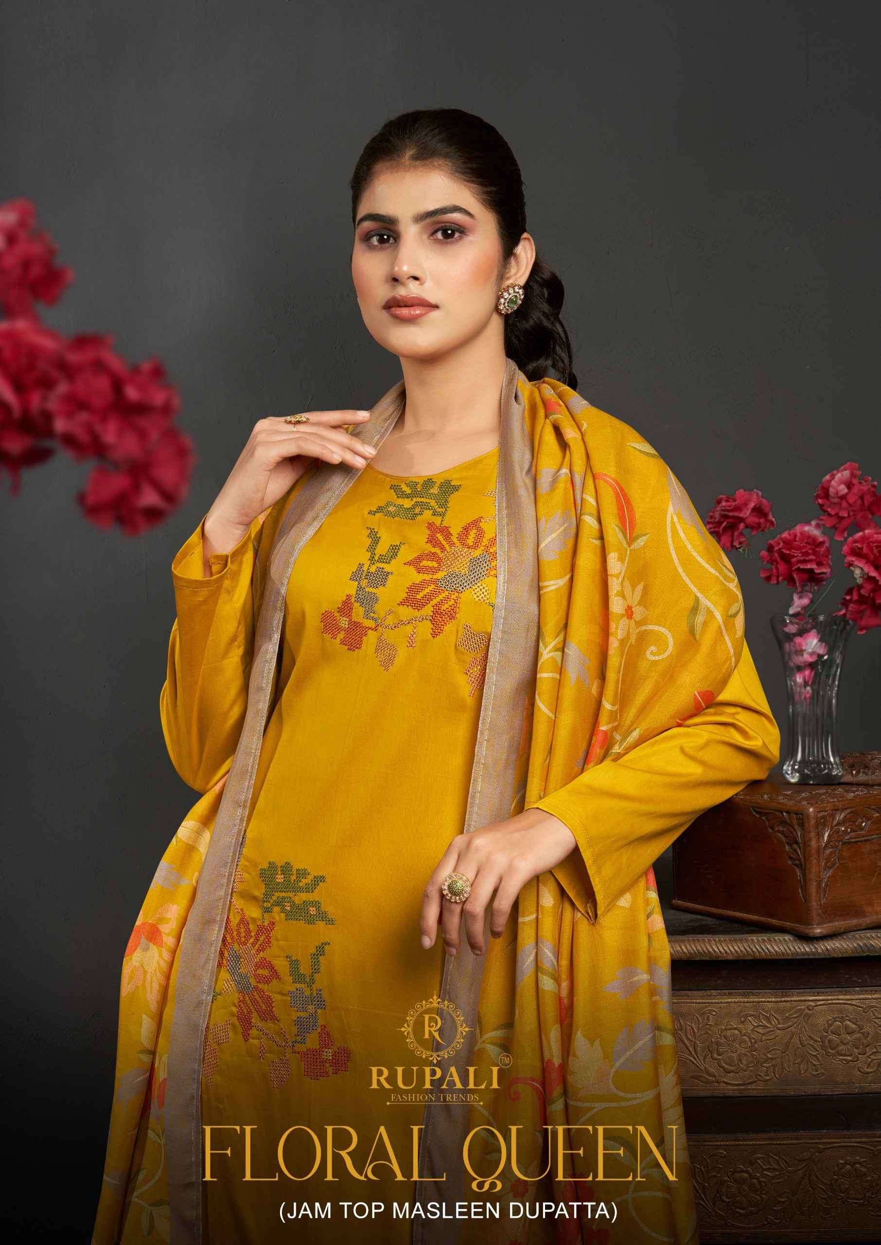 Rupali Fashion Floral Queen Jam Satin Embroidered Dress Material