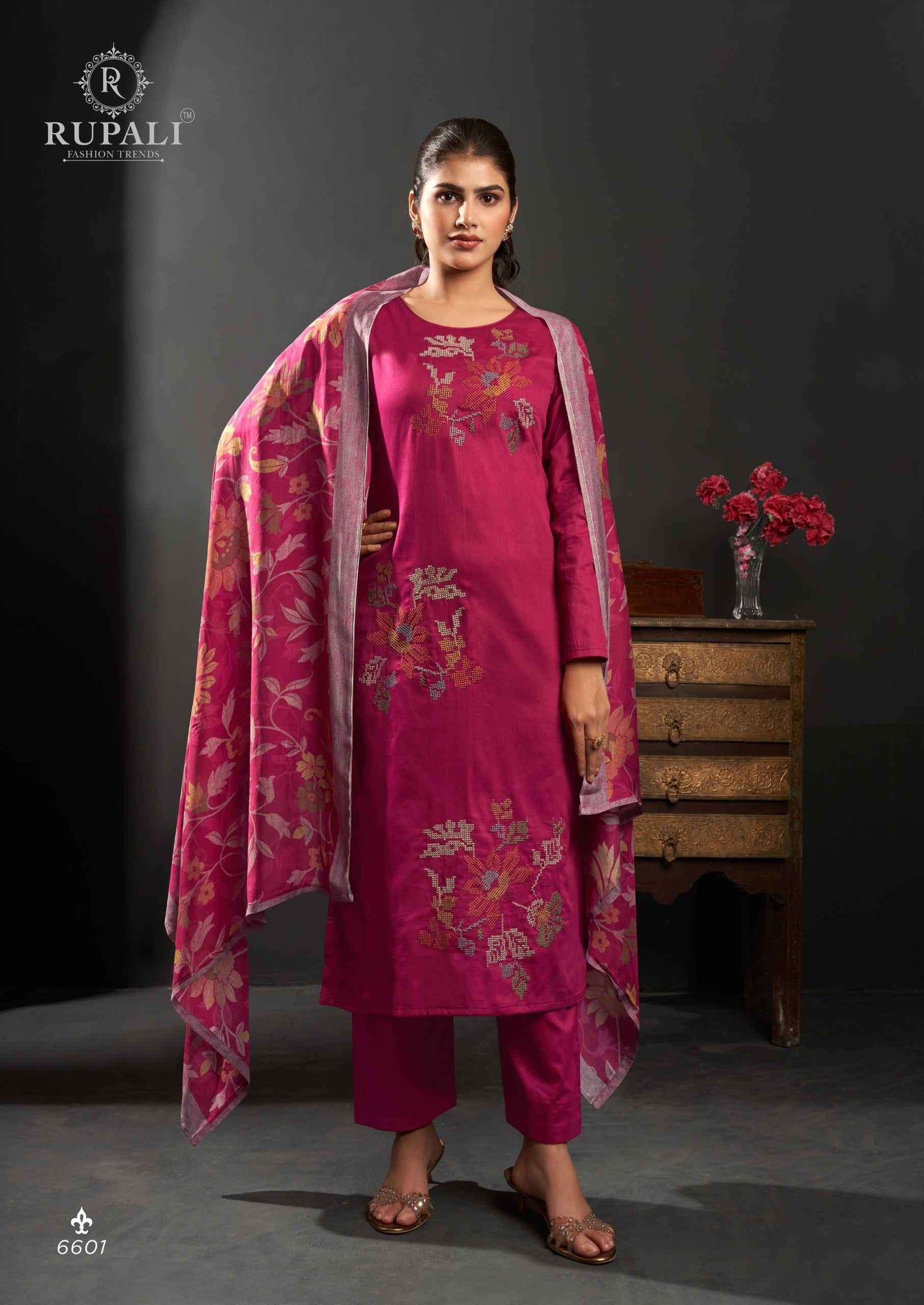 Rupali Fashion Floral Queen Jam Satin Embroidered Dress Material