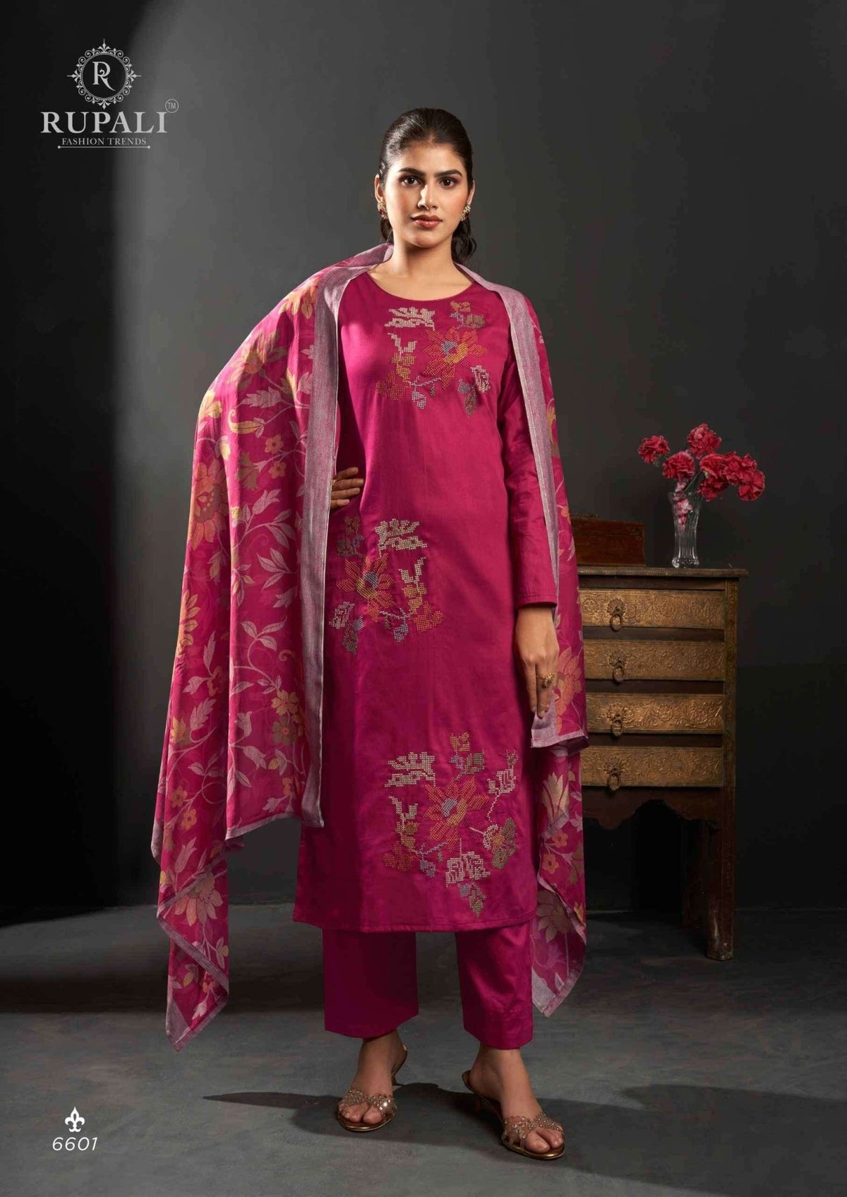Rupali Fashion Floral Queen Jam Satin Embroidered Dress Material - Amrah Wholesale