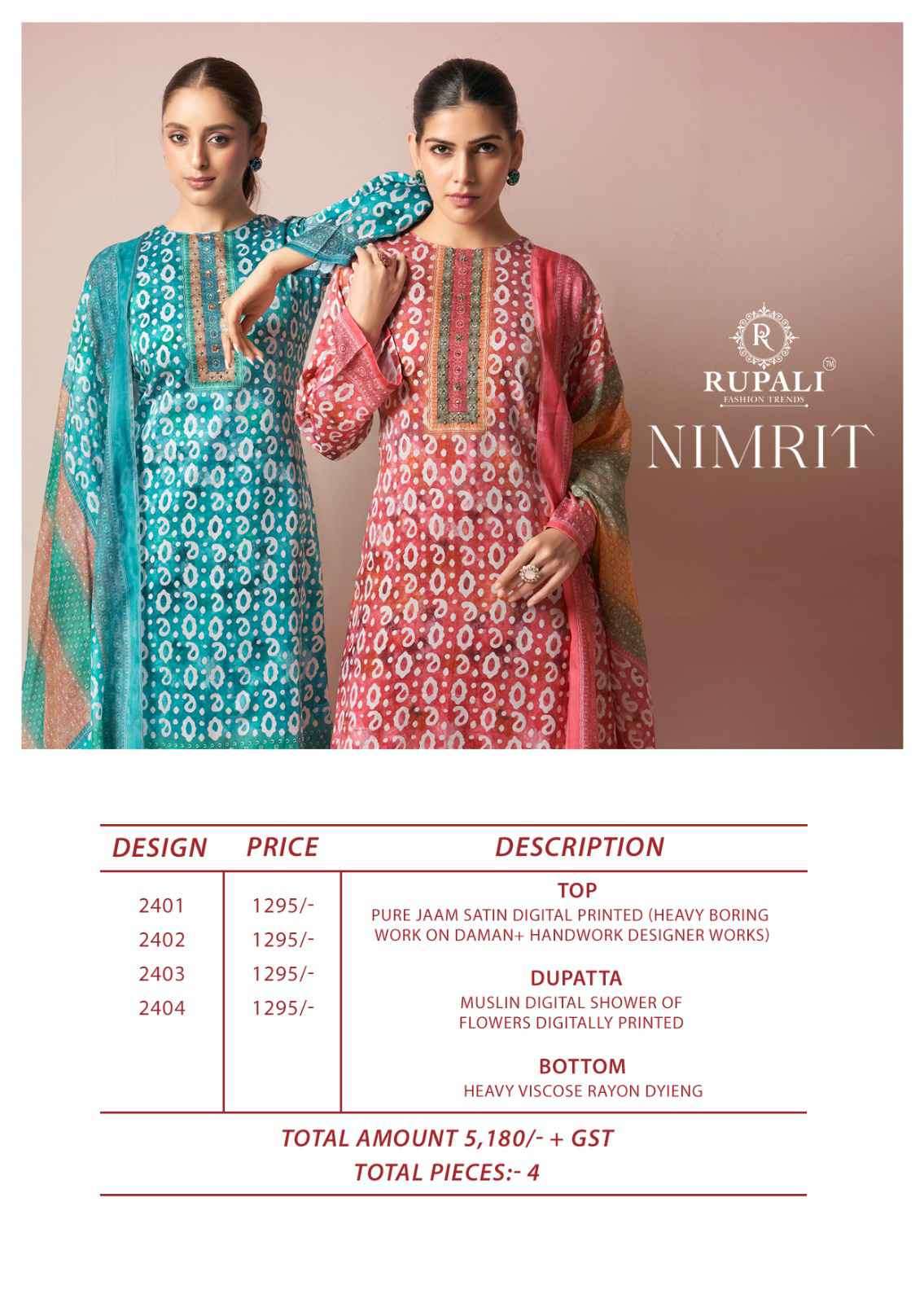 Rupali Fashion Nimrit Pure Jam Satin Designer Dress Material