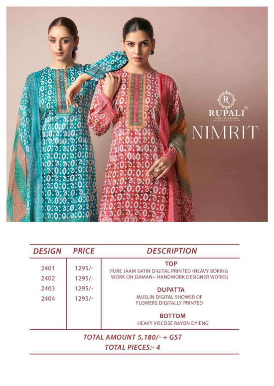 Rupali Fashion Nimrit Pure Jam Satin Designer Dress Material