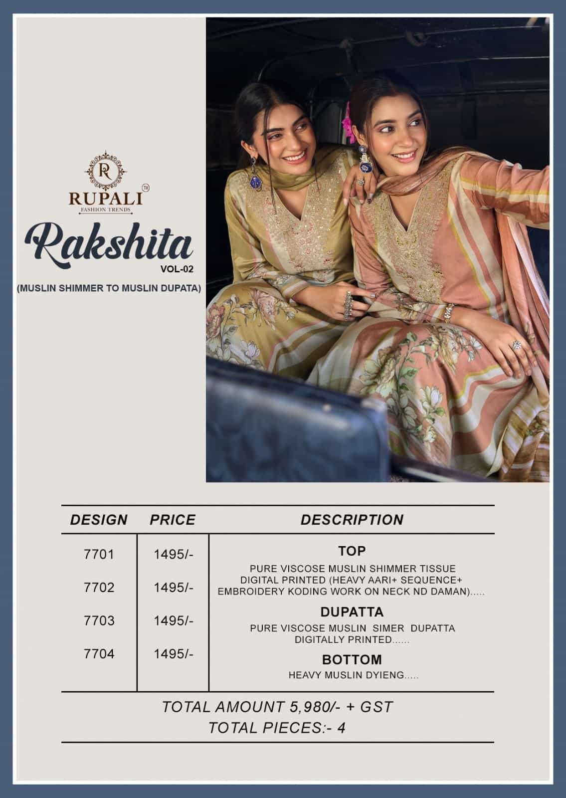 Rupali Fashion Rakshita Vol 2 Premium Muslin Dress Material - Amrah Wholesale