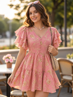 S 5125 Pink Mul Cotton Floral Print Fancy Short Top