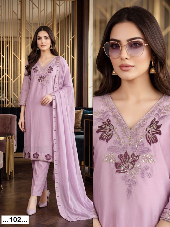 Saloni Vol 1 Roman Silk Sequence Worked Kurti Pant With Dupatta