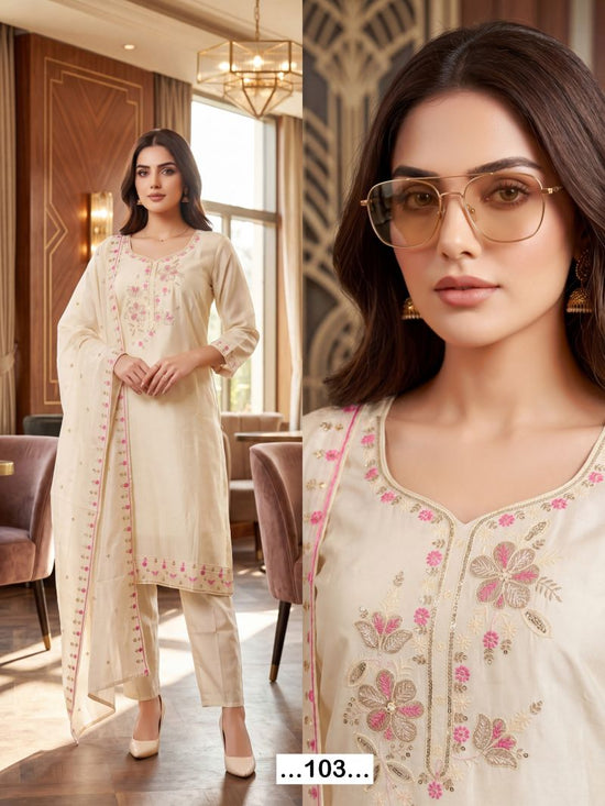 Saloni Vol 1 Roman Silk Sequence Worked Kurti Pant With Dupatta
