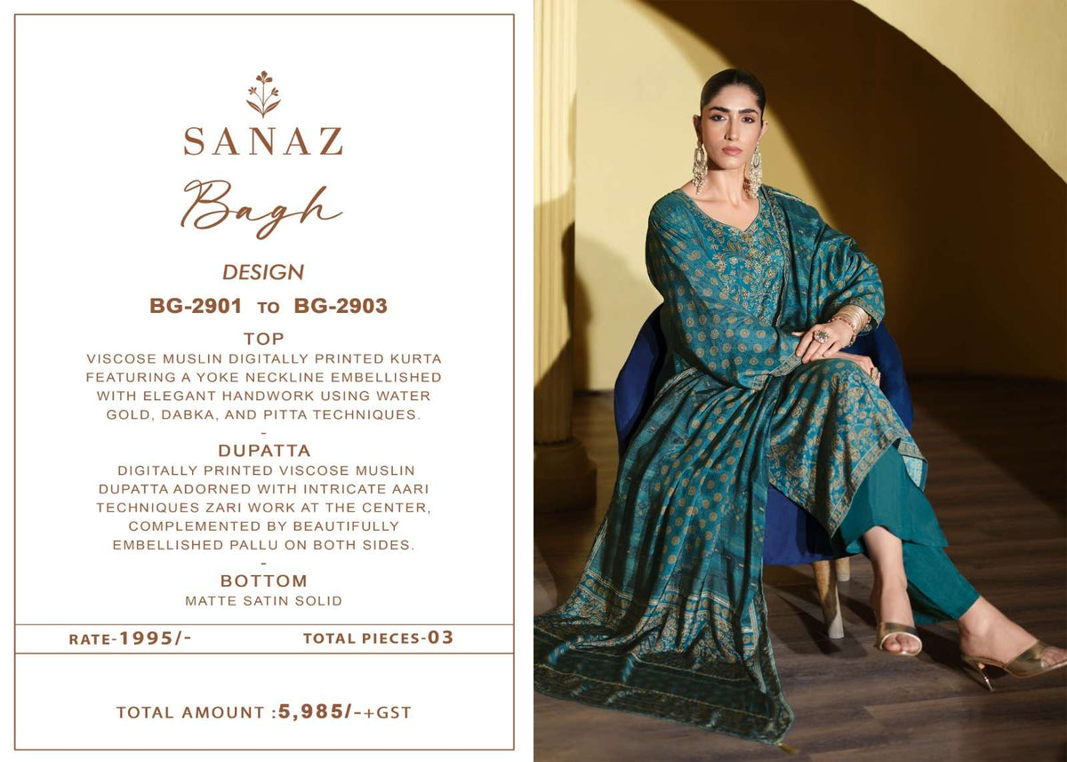 Sanaz Bagh Viscose Muslin Designer Dress Material - Amrah Wholesale