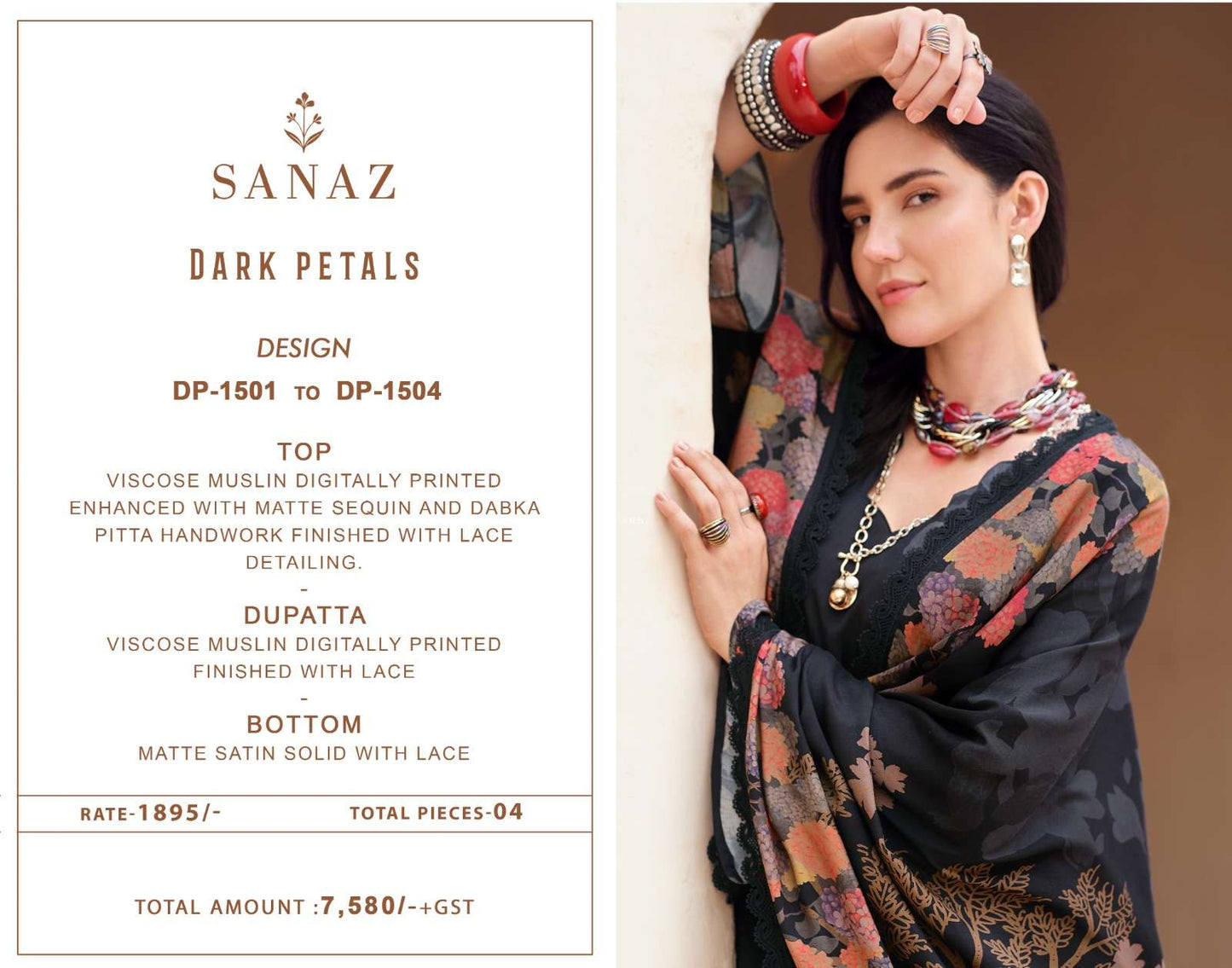 Sanaz Dark Petals Premium Viscose Muslin Dress Material - Amrah Wholesale