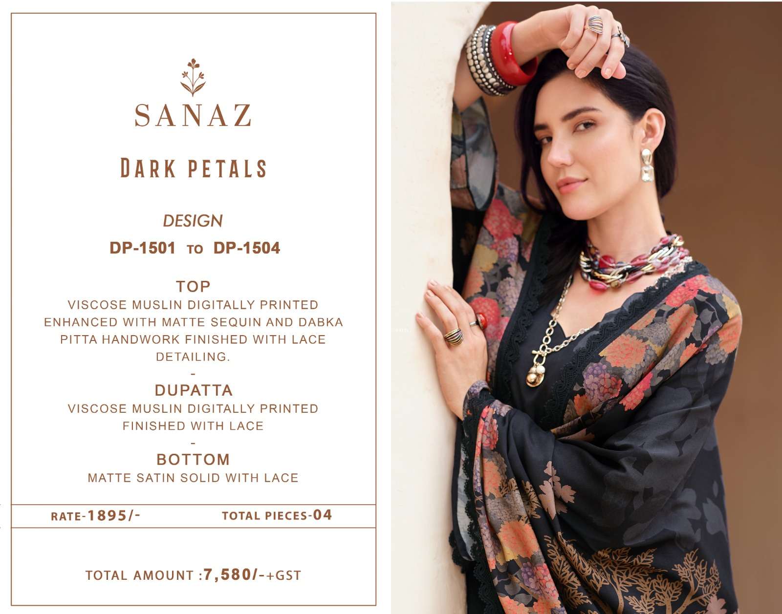 Sanaz Dark Petals Premium Viscose Muslin Dress Material - Amrah Wholesale