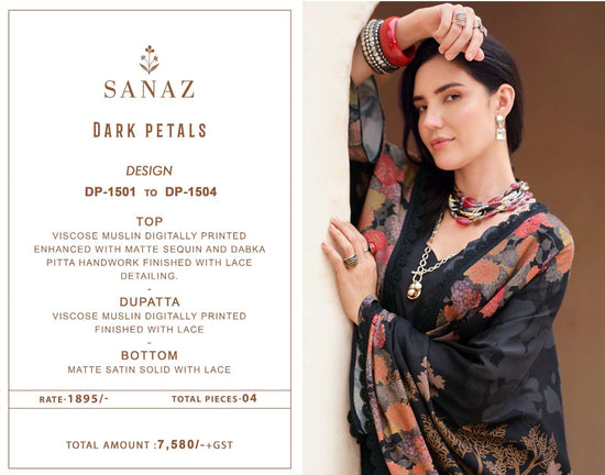 Sanaz Dark Petals Premium Viscose Muslin Dress Material - Amrah Wholesale