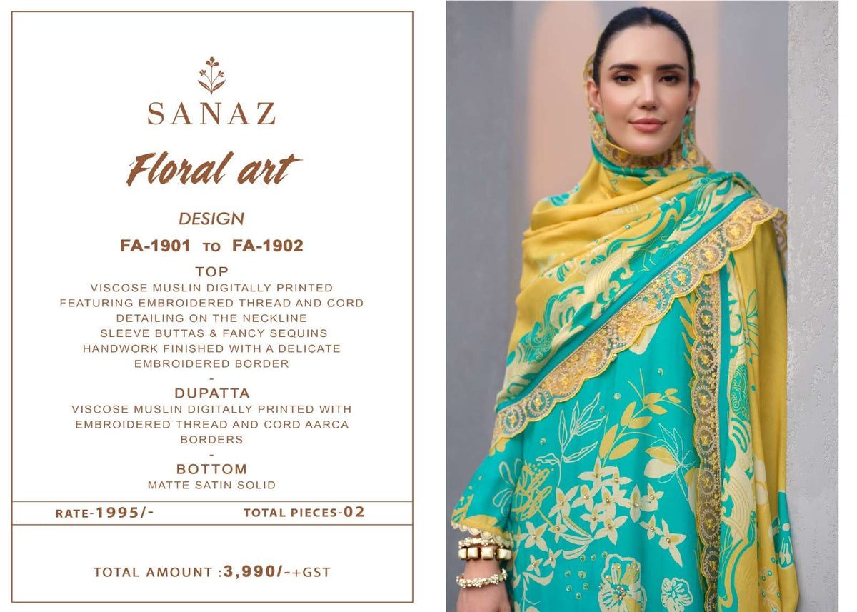 Sanaz Floral Art Viscose Muslin Pakistani Suit - Amrah Wholesale