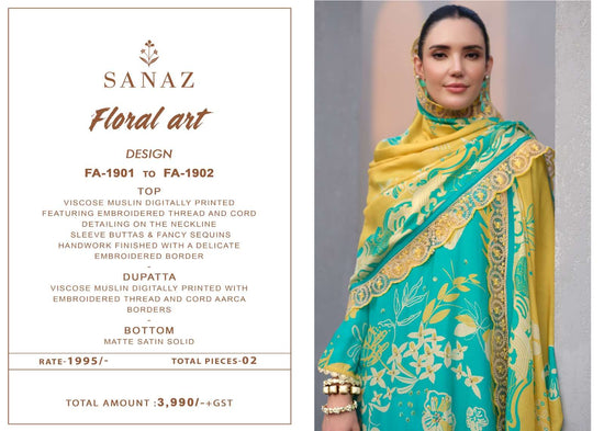 Sanaz Floral Art Viscose Muslin Pakistani Suit - Amrah Wholesale