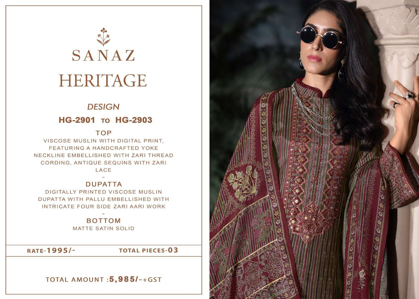 Sanaz Heritage Viscose Muslin Pakistani Suit - Amrah Wholesale