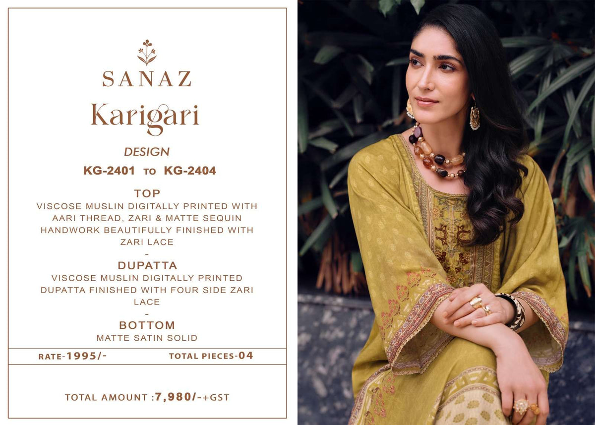 Sanaz Karigari Viscose Muslin Designer Dress Material - Amrah Wholesale