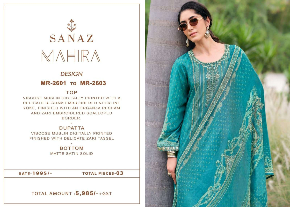 Sanaz Mahira Viscose Muslin Embroidered Dress Material