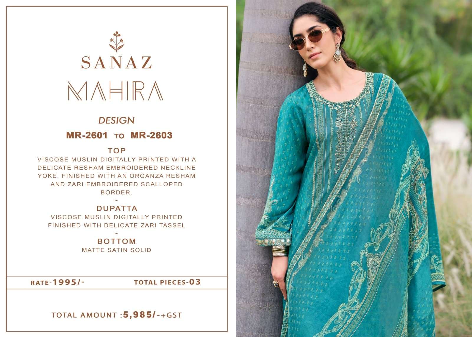 Sanaz Mahira Viscose Muslin Embroidered Dress Material