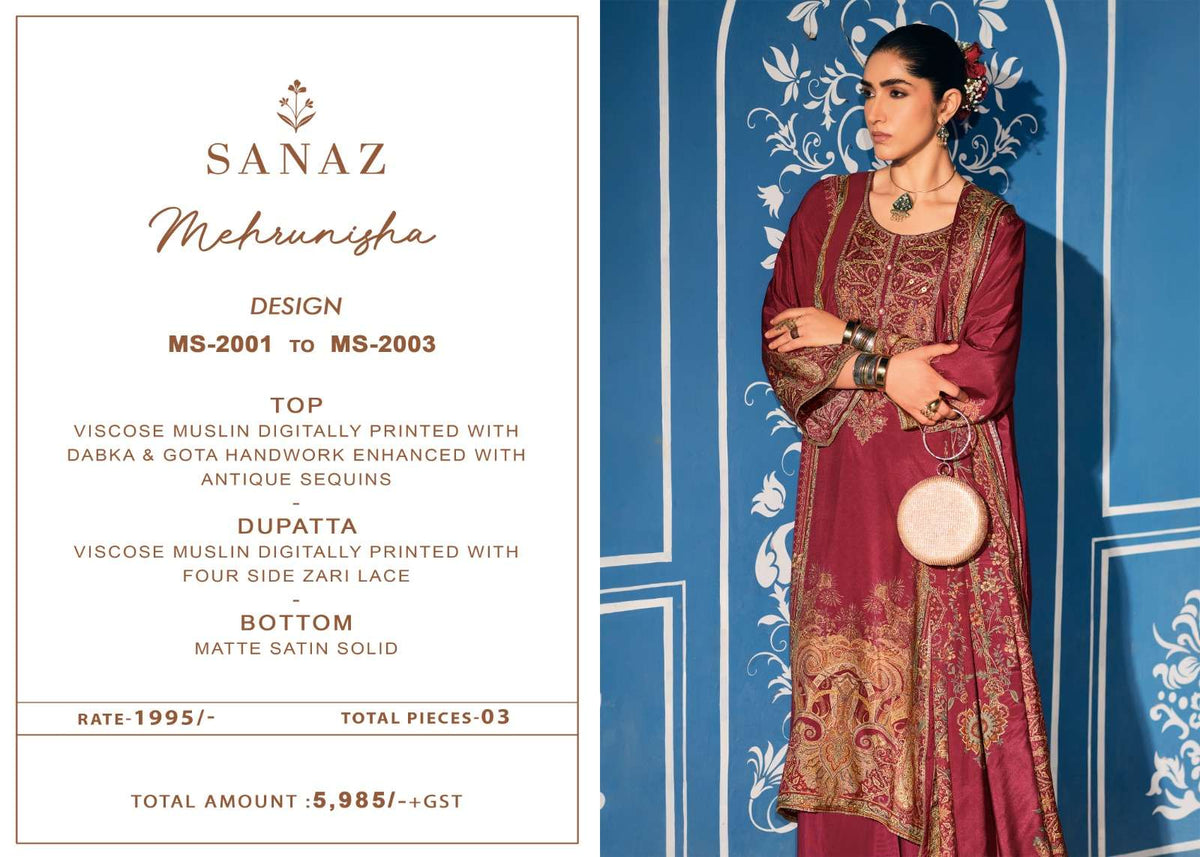 Sanaz Mehrunisha Viscose Muslin Dress Material - Amrah Wholesale