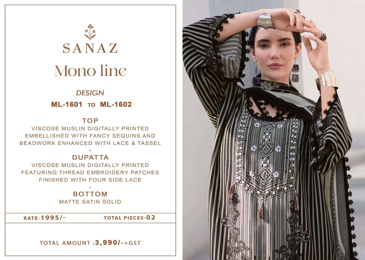 Sanaz Mono Line Viscose Muslin Dress Material - Amrah Wholesale