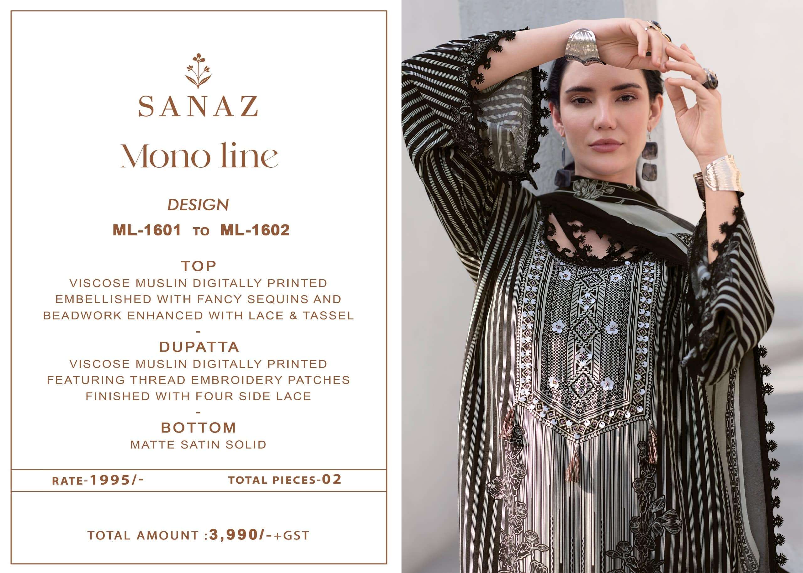 Sanaz Mono Line Viscose Muslin Dress Material
