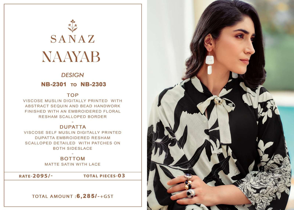 Sanaz Nayaab Viscose Muslin Resham Embroidered Dress Material