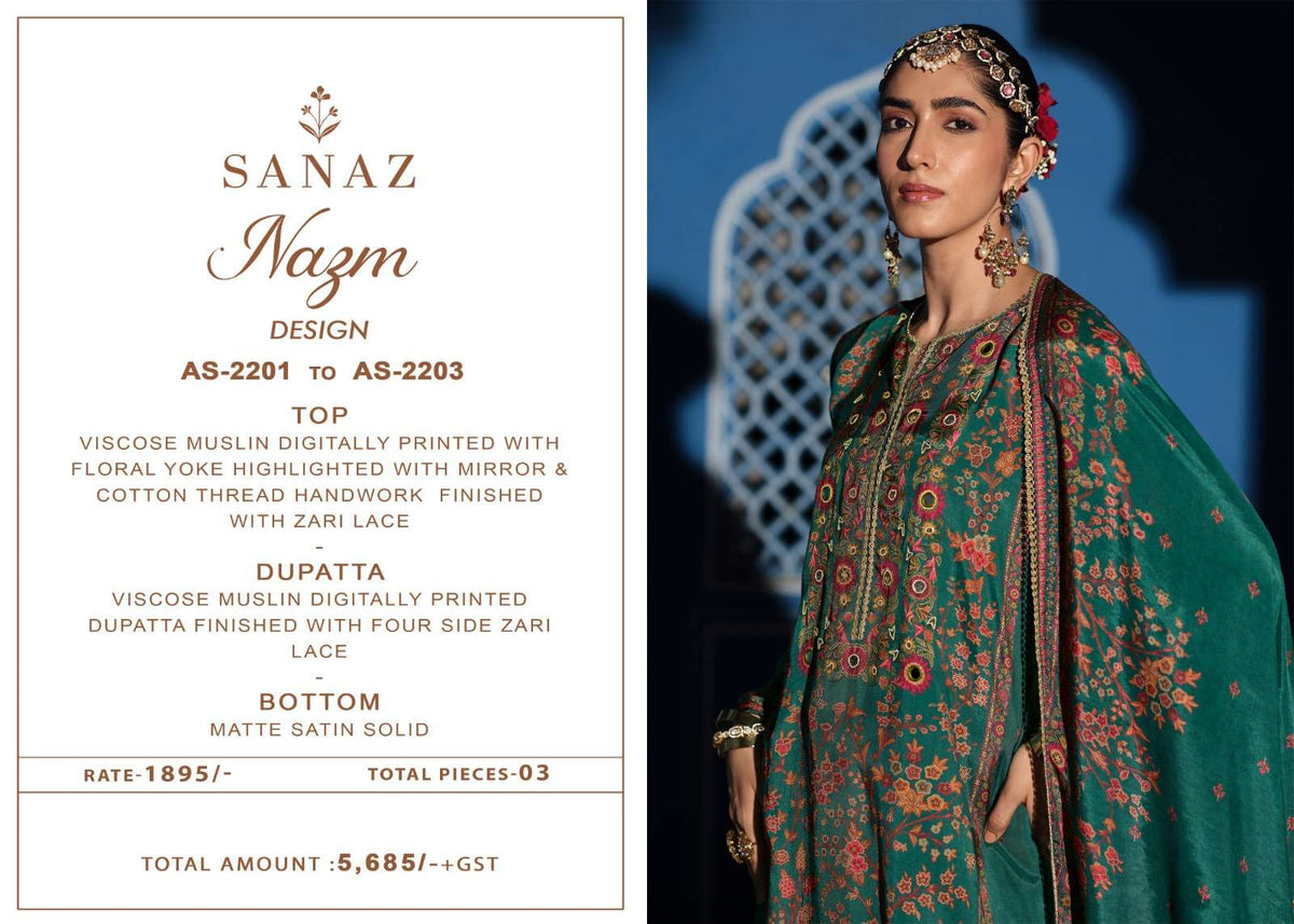 Sanaz Nazm Viscose Muslin Designer Suit - Amrah Wholesale